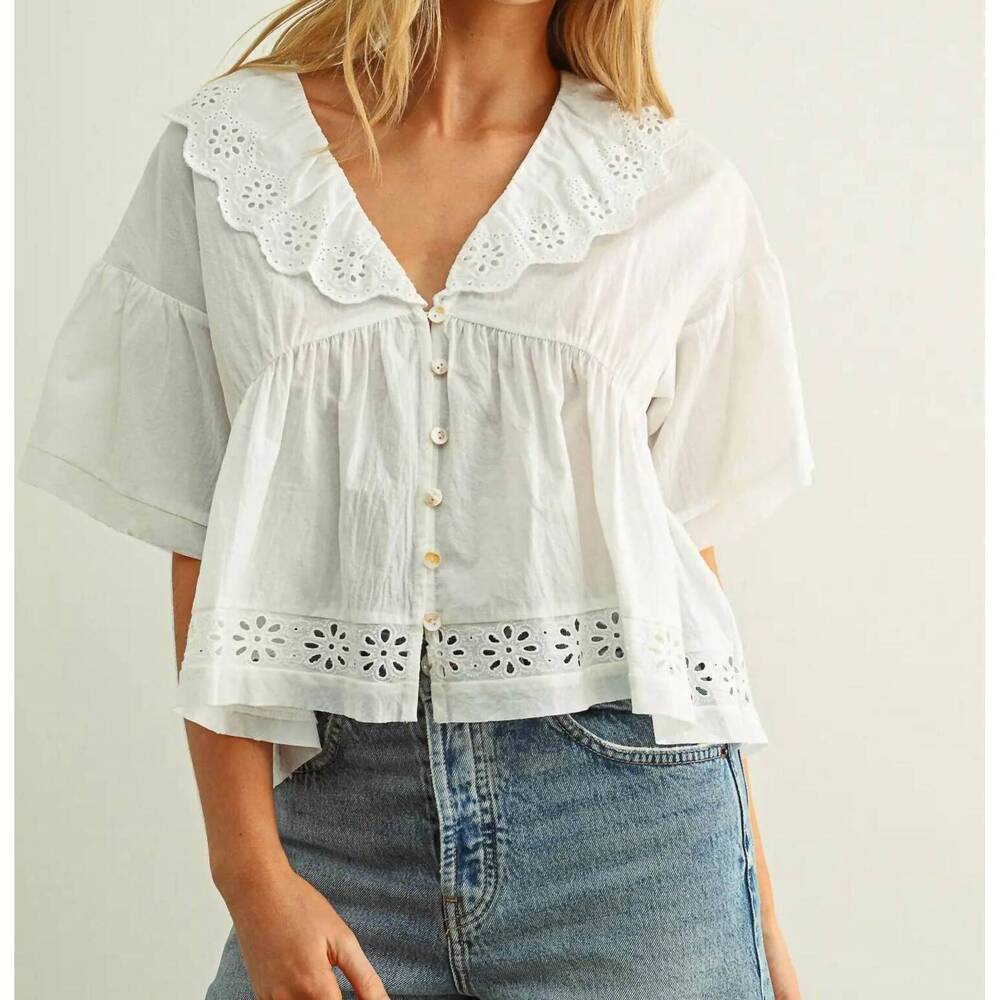 NEW MIOU MUSE aria romantic eyelet ruffle blouse in white